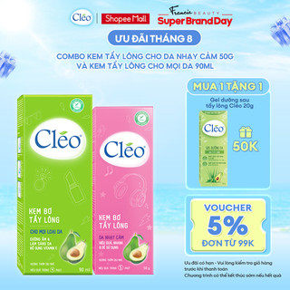 Bộ đôi Kem tẩy lông Cléo 50g cho da nhạy cảm và Lotion Tẩy Lông Cléo dạng sữa tẩy lông chân, tay 90ml cho mọi loại da