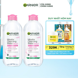 Bộ 2 nước làm sạch và tẩy trang cho da nhạy cảm (nắp hồng) Garnier 400ml x 2