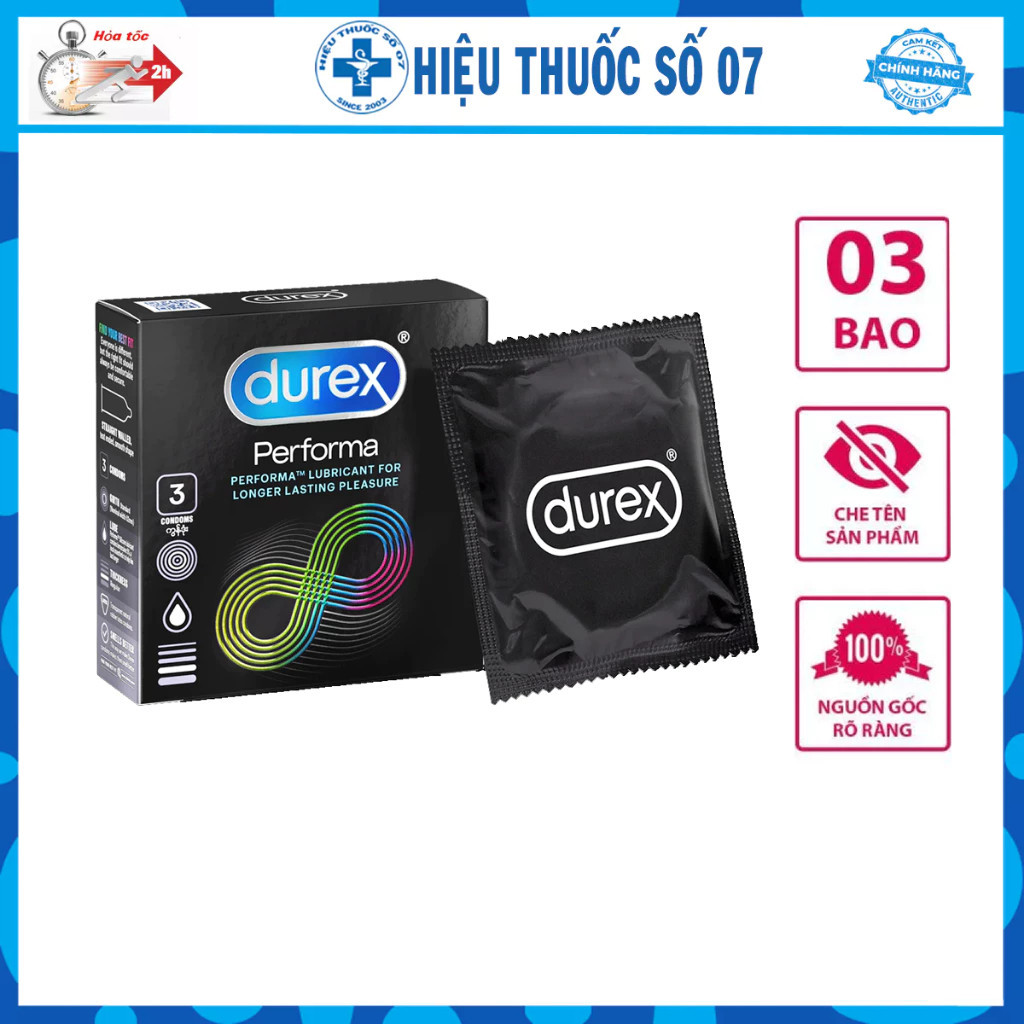 Bao cao su Durex Performa giúp kéo dài và đem lại cảm giác thăng hoa - Hộp 3 cái (có che tên)