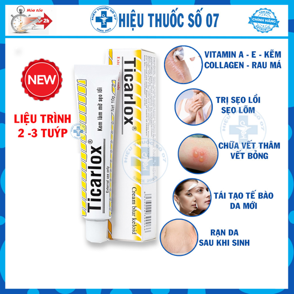Kem mờ sẹo lồi Ticarlox 10g -  Làm mờ dần vết sẹo và thâm trên da