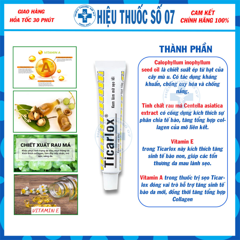 Kem mờ sẹo lồi Ticarlox 10g -  Làm mờ dần vết sẹo và thâm trên da