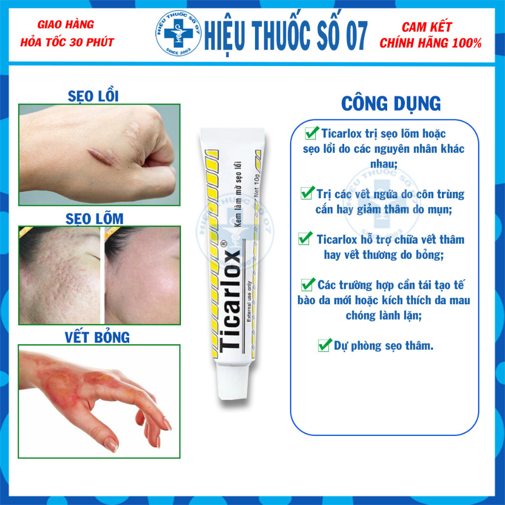 Kem mờ sẹo lồi Ticarlox 10g -  Làm mờ dần vết sẹo và thâm trên da