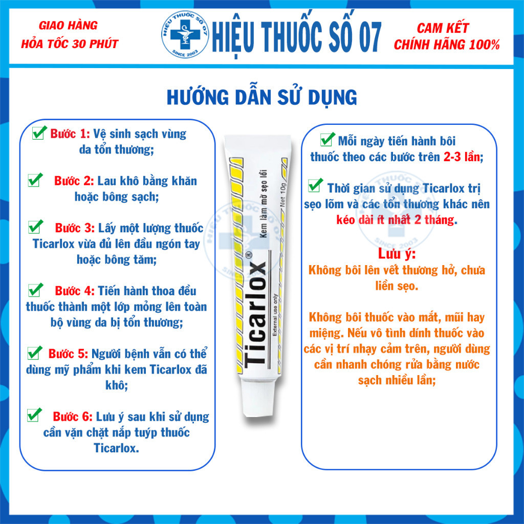 Kem mờ sẹo lồi Ticarlox 10g -  Làm mờ dần vết sẹo và thâm trên da