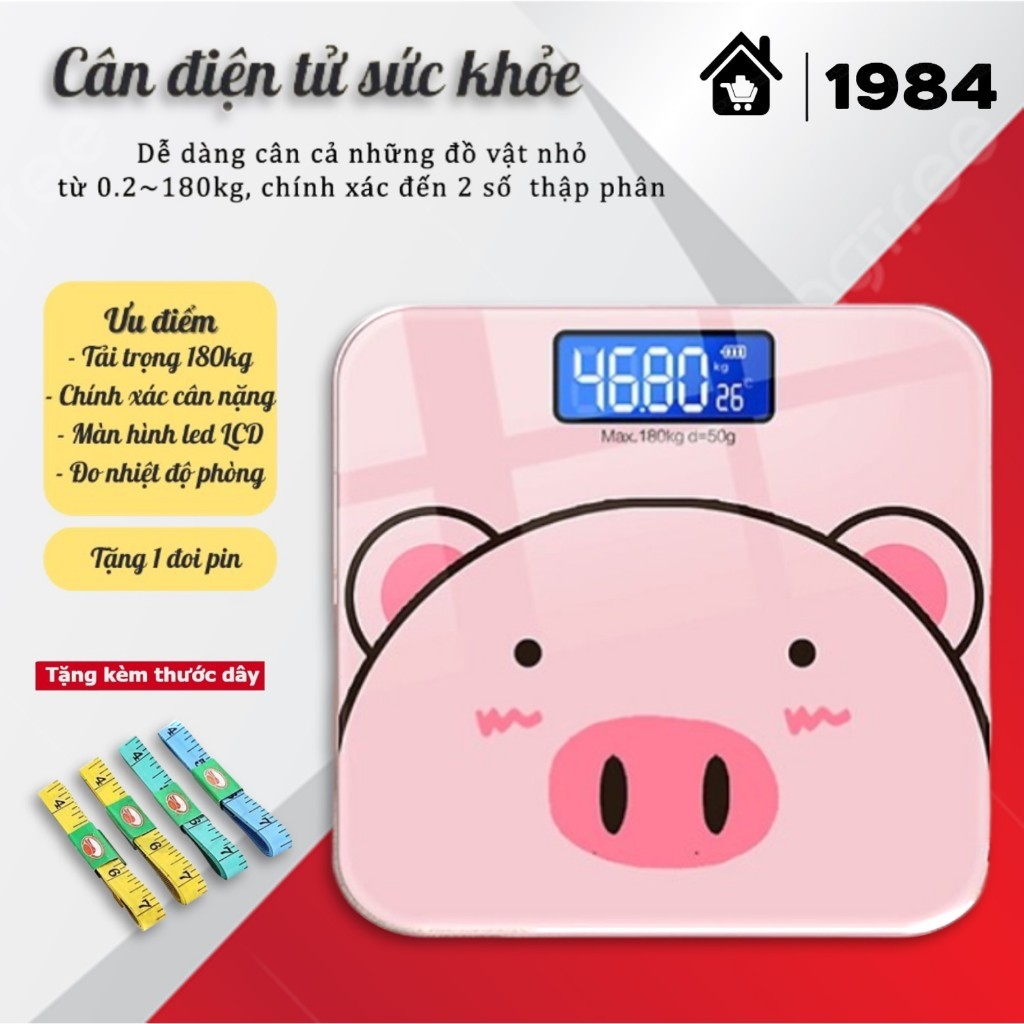 Cân Điện Tử Sức Khoẻ Hình Heo Hồng Dễ Thương, Cân Điện Tử Bác Sĩ Gia Đình, Mặt Kính Chịu Lực Tối Đa 200kg