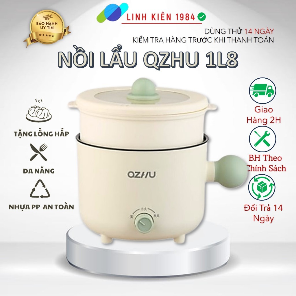 Nồi Lẩu 1 Người, Nồi Hấp Mini QZhu Đa Năng 2 Nấc Nhiệt Kèm Giá Hấp Tiện Dụng Dung Tích 1.8L