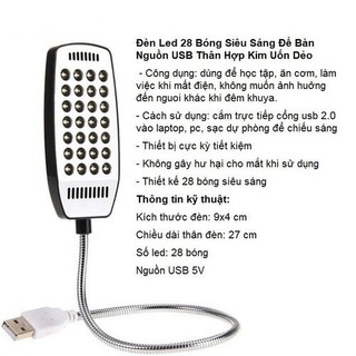 Đèn Led 28 Bóng Siêu Sáng Để Bàn Nguồn USB Thân Hợp Kim Uốn Dẻo