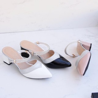 (Ảnh thật) Giày cao gót vuông 5p bít mũi da bóng phối da nhủ ánh kim dây xoàn mảnh 2 kiểu mang - BM121