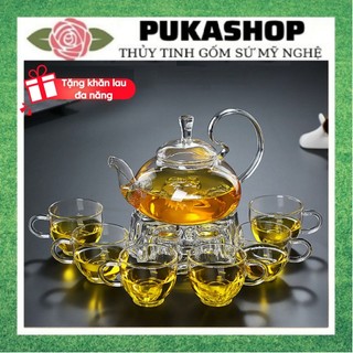 Bộ Ấm Chén Uống Trà Puka Ấm Thủy Tinh Chịu Nhiệt Quai Vổng Đun Trực Tiếp Trên Bếp Kèm 6 Ly Có Quai