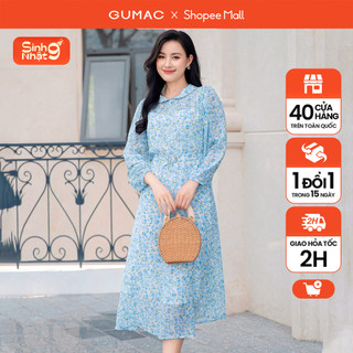 Đầm phom a nữ tay dài gumac dd09016 cổ bâu lá sen phối dây thắt eo