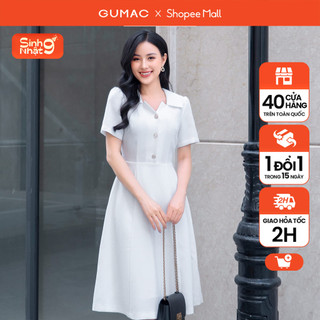 Đầm phom a nữ gumac dd09042 tay ngắn phối cổ kiểu đính nút trang trí