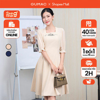 Đầm nữ dáng xòe thiết kế tay phồng phối chữ thêu thời trang GUMAC LDE0405