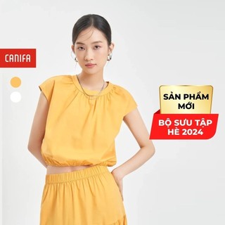 Áo kiểu nữ canifa áo sơ mi không tay cổ tròn dáng ngắn bo gấu 6to24s003
