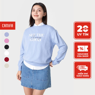 Áo nỉ nữ canifa áo sweater basic bo gấu có hình in 6tw23w007