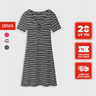Váy liền nữ CANIFA chất cotton rayon chân váy xòe cổ tim cộc tay nhún ngực màu hồng kẻ đen - 6DS21S021