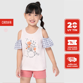 Áo phông bé gái CANIFA in họa tiết dễ thương cùng tay phối kẻ - 1TS21C001