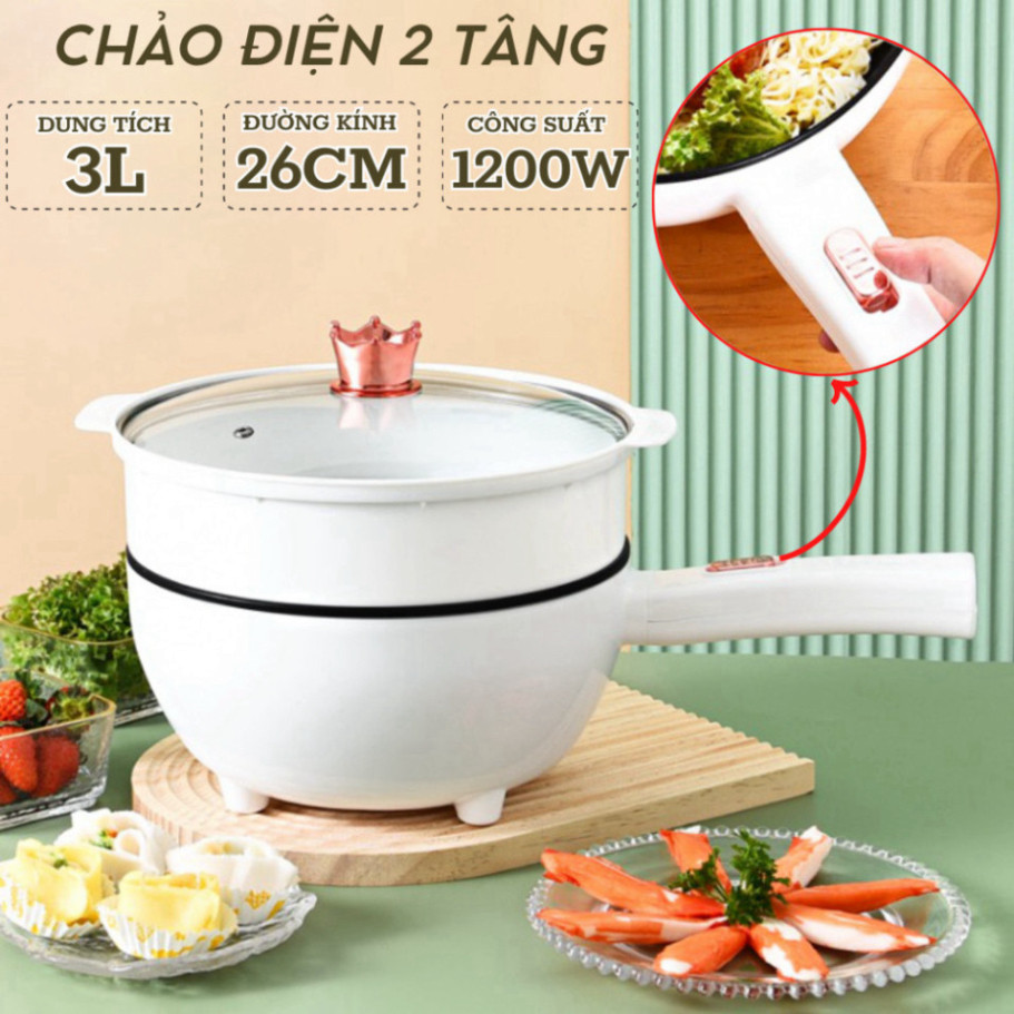 Chảo Điện Đa Năng Chống Dính Size 26Cm Dung tích 3L, Nồi Lẩu Đa Năng 2 Tầng Kèm Giá Hấp Tiện Dụng 6 Chế Độ