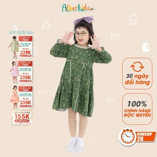 Váy bé gái ALBERKIDS dài tay Lisa xanh rêu phối hoạ tiết công chúa cho trẻ em từ 2,3,4,5,6,7,8,9,10,11,12 tuổi [V38]