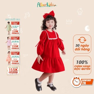 Váy bé gái ALBERKIDS thu đông đỏ dài tay phối cổ ren  công chúa cho trẻ em 2,3,4,5,6,7,8,9,10,11,12 tuổi [V45]