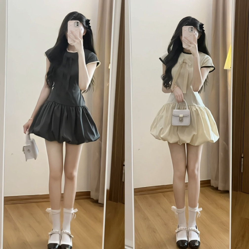 Váy nữ dáng bí phối ren nơ buộc dây sau lưng phong cách Hàn Quốc dễ thương cute gumashop -b103 gumashop