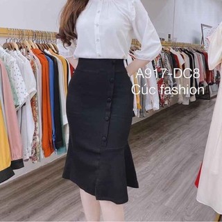 CHÂN VÁY ĐUÔI CÁ phối cúc đính phía trước