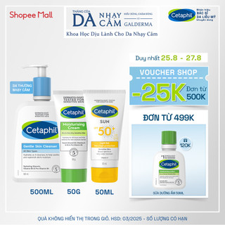 Combo 3 bước cetaphil chăm da dịu lành: sữa rửa mặt 500ml + kem dưỡng ẩm 50g + gel chống nắng spf50+