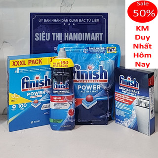 Viên rửa bát finish All in one 100 viên + Muối rửa bát Finish 1.2kg + Nước làm bóng bát finish 800ml, bột chén