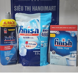 Combo rửa bát Finish: Bột rửa bát 2.2kg + Muối rửa bát 1.5kg + Nước làm bóng chén 800ml - Nhập khẩu EU