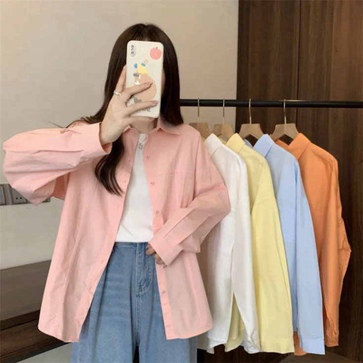 T - Áo sơ mi nữ dài tay form rộng ulzzang kiểu hàn basic màu trắng, xanh, nâu, vàng, tím dễ phối đồ 