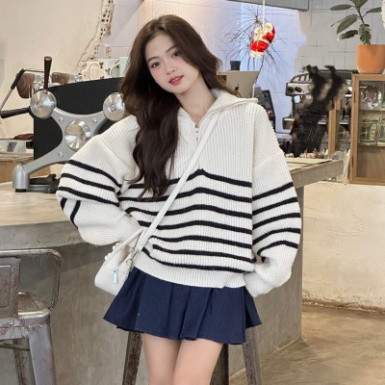 (HÀNG LOẠI 1) Áo len kẻ khoá kéo chui đầu cổ cao đẹp 2025