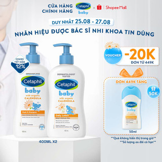 Combo Sữa tắm gội + Sữa dưỡng ẩm Cetaphil Baby with Organic Calendula 400ml/ chai