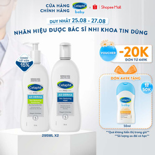 Combo Sữa tắm và Kem dưỡng cho viêm da cơ địa Cetaphil Pro AD Derma Wash + Pro AD Derma Moisturizer 295ml/chai