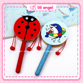 Đồ chơi trống lắc gỗ cầm tay, lục lạc gỗ kích thích vận động và giác quan cho bé