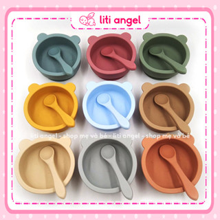 Chén bát ăn dặm Silicon chống đổ có đế hít chân không chống lật hình gấu cho bé tặng kèm muỗng