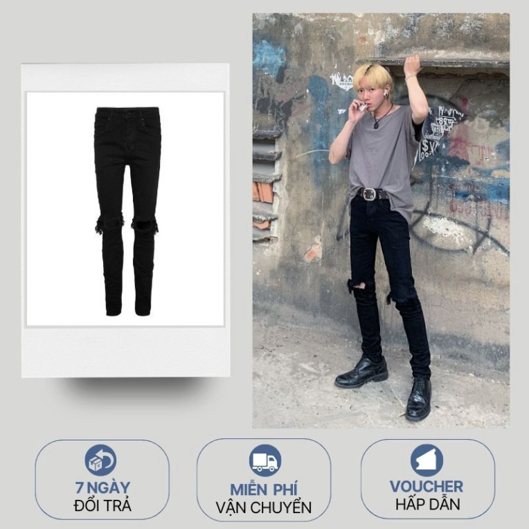 Quần Jeans đen rách gối cao cấp | Black Ripped Jeans - Hàng mới về