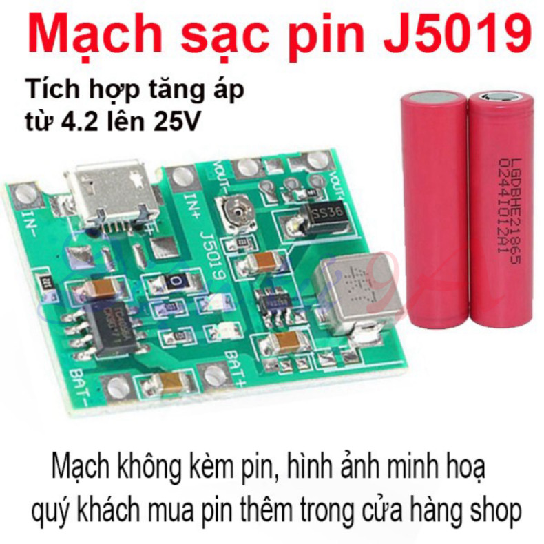 Mạch sạc pin 1S 18650 J5019 dùng IC TC4056 tích hợp mạch tăng áp 2A từ 5V lên 18V