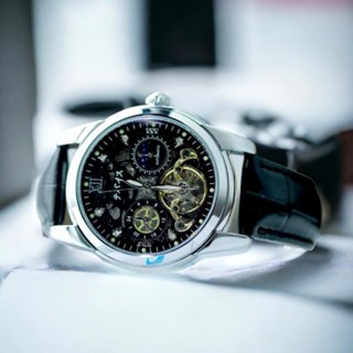 [Fullbox]  Đồng Hồ Cơ テバイス M15, Khung Trắng, Mặt Đen, Dây Da Đen - Bảo Hành 3 Năm