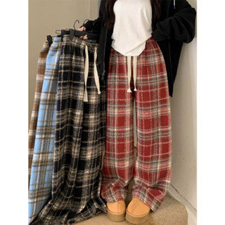 Quần suông dạ kẻ caro phối dây rút  Lót Lông Cao Cấp, quần suông dạ ống rộng phong cách HÀN QUỐC.