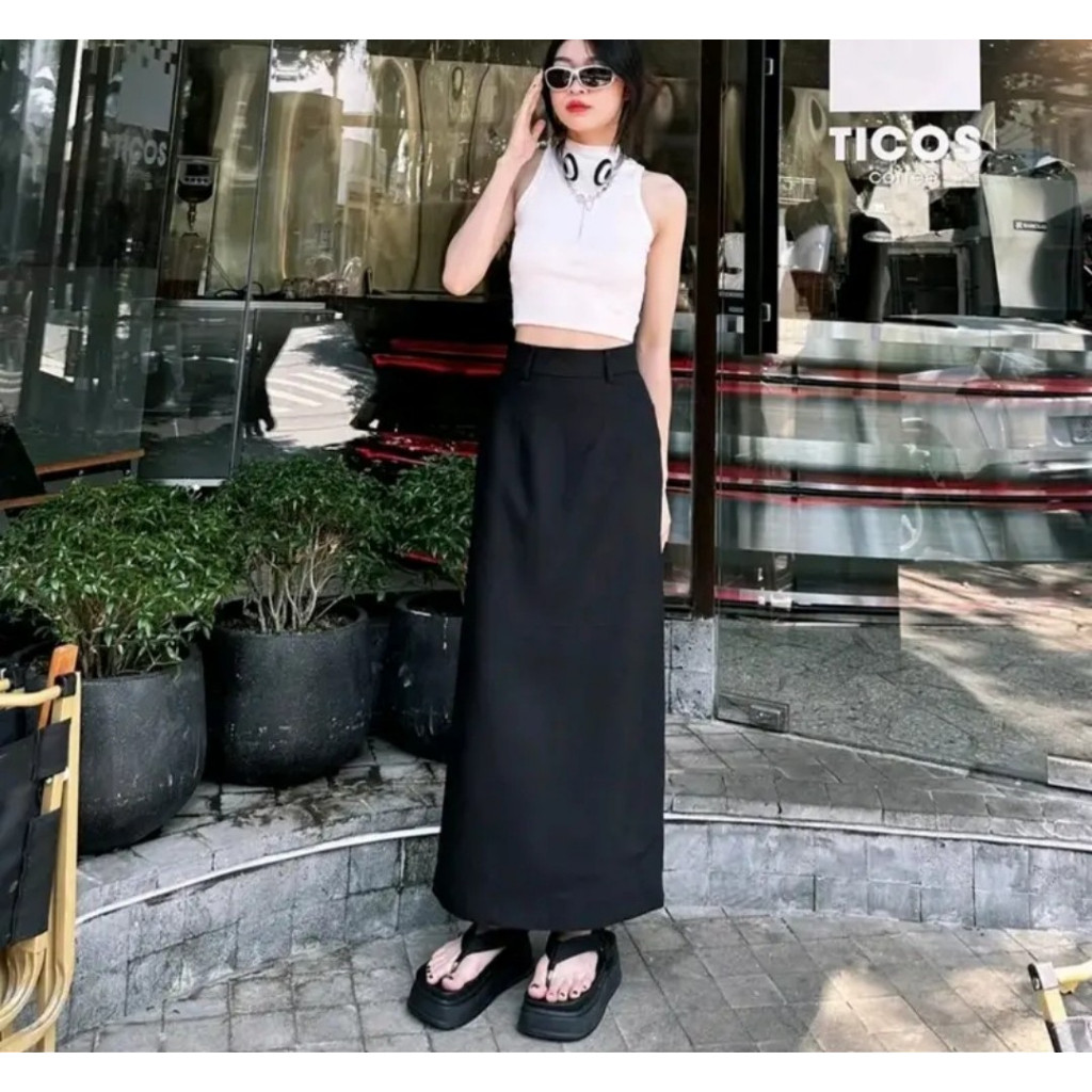 Chân Váy Dáng A Nhẹ Dài 90cm Sẻ Sau Kèm Túi Có Đỉa tôn dáng hack chiều cao A90