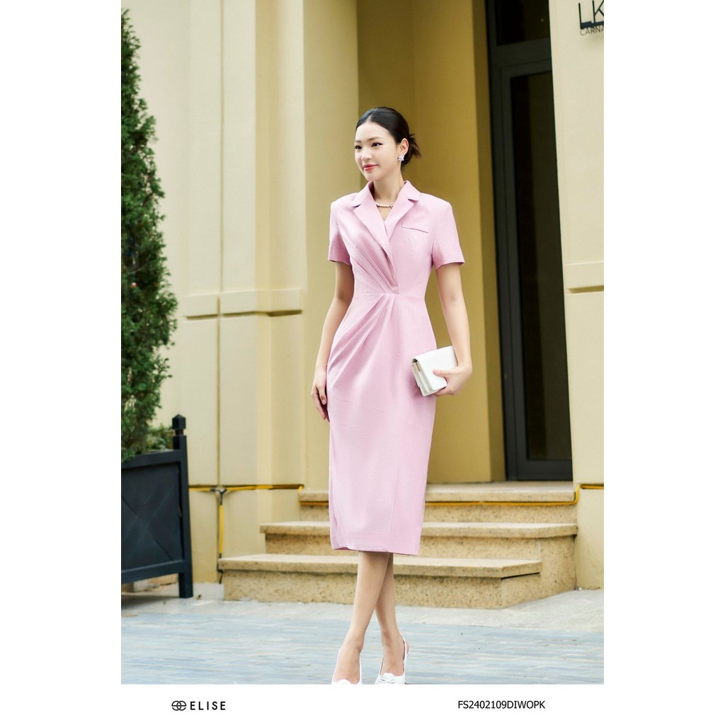 Đầm hồng xước cổ Áo vest xếp ly eo thiết kế Elise FS2402109DIWOPK