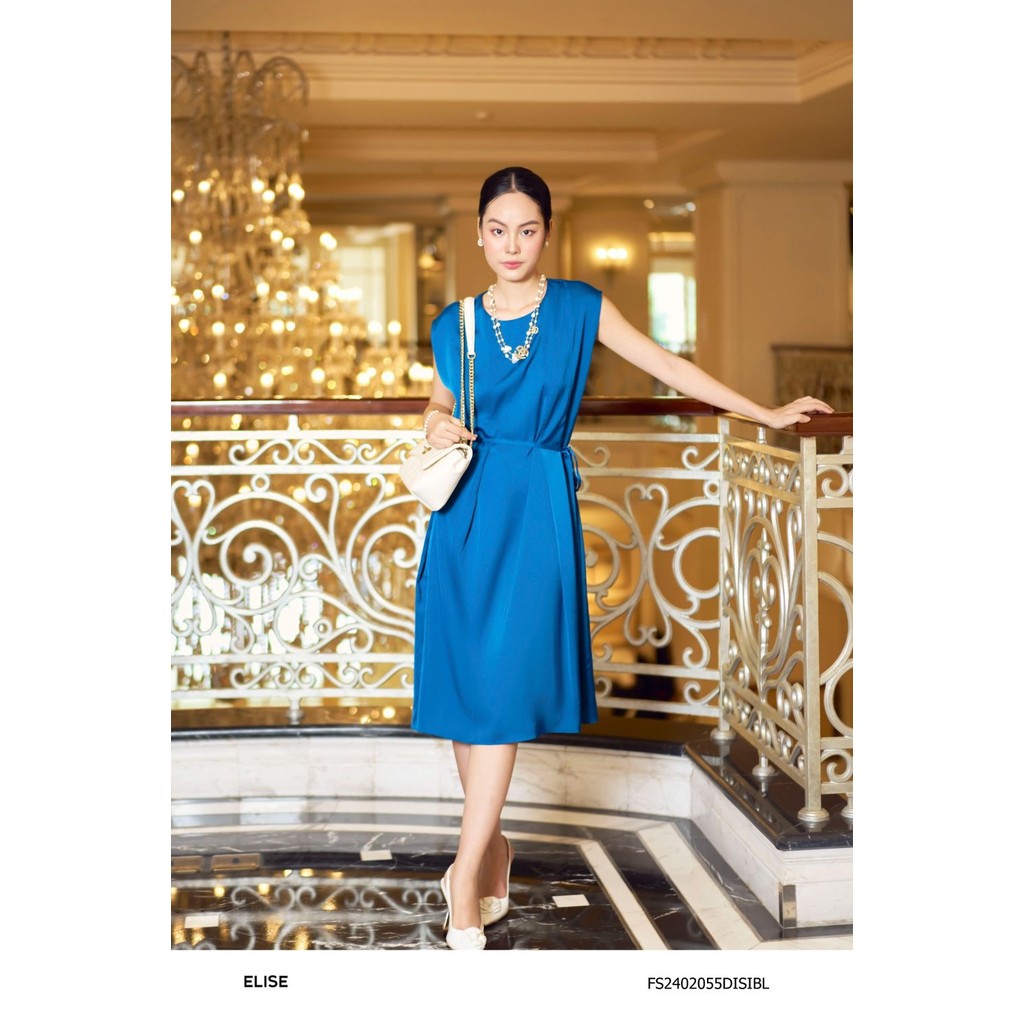 Đầm lụa xanh cổ vịt bâú ly thiết kế Elise FS2402055DISIBL