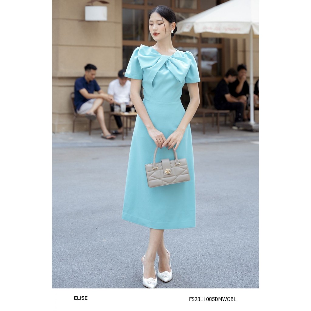 Đầm xanh vân chéo xoắn nơ cổ thiết kế Elise FS2311085DMWOBL