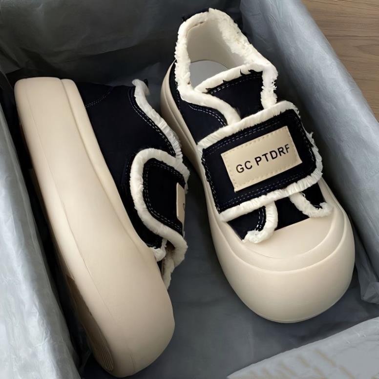 Giày thể thao nữ giày đi học nữ quai dán viền tua rua vải canvas đế 5cm thời trang hàn quốc