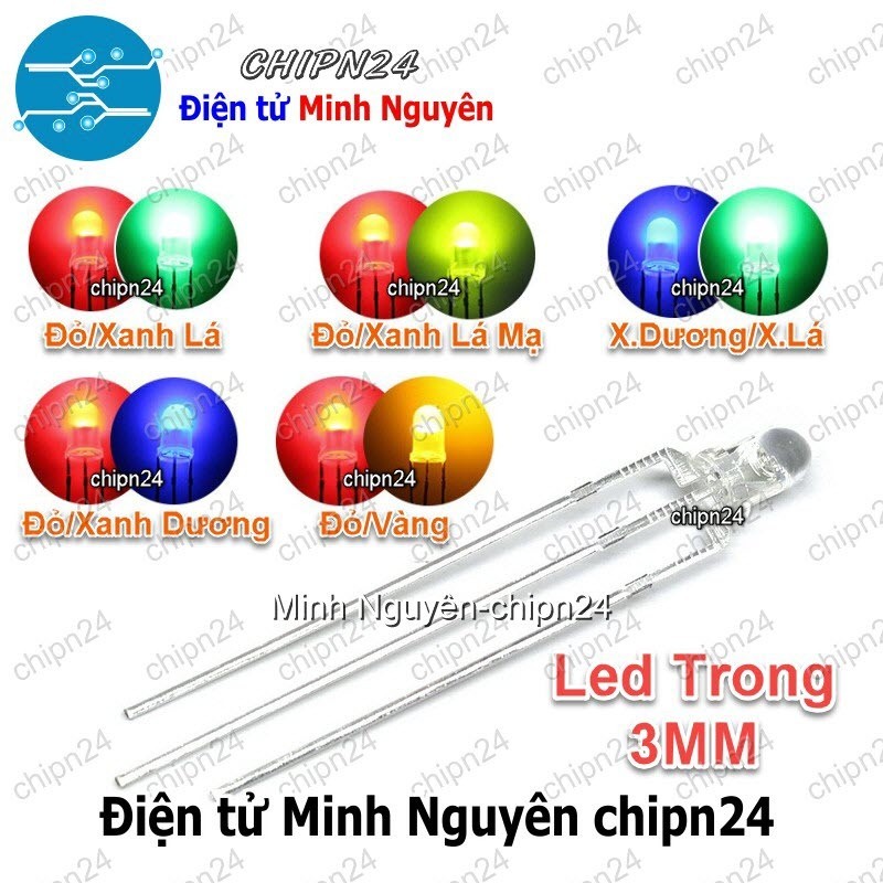 [25 con] (TK11-12) Led 2 màu 3 chân 3MM Trong (Đỏ/Vàng/Xanh Lá/Dương, Âm chung/Dương chung) - [Chọn Loại]