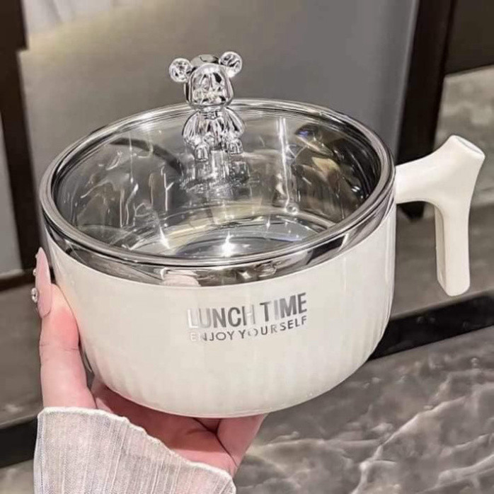 Bát Ăn Mì Lunch Time Chống Nóng Có Nắp Đậy - Ca Úp Mì Đa Năng Có Nắp Hình Gấu Bạc Cao Cấp