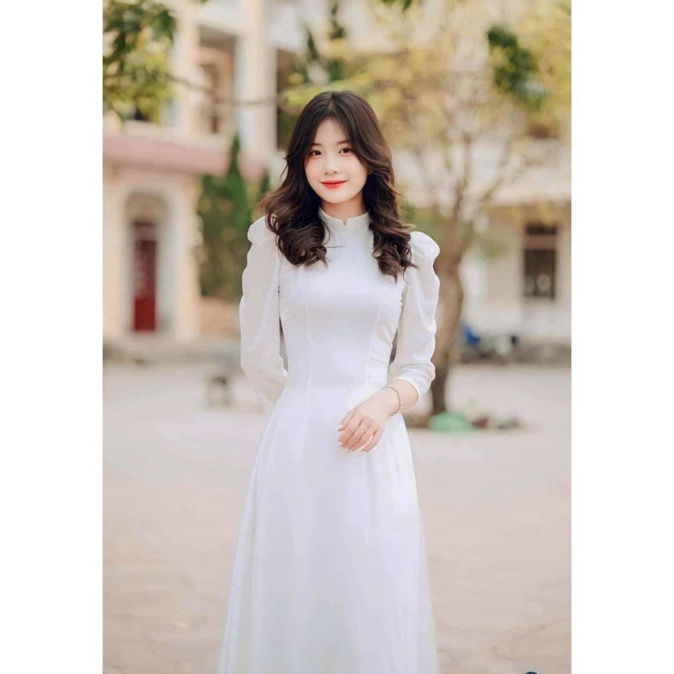 Áo Dài Trắng Tơ Óng 4 tà Cổ Trụ 2p Tay Bồng Lỡ Nhẹ Nhàng Hàng May Sẵn