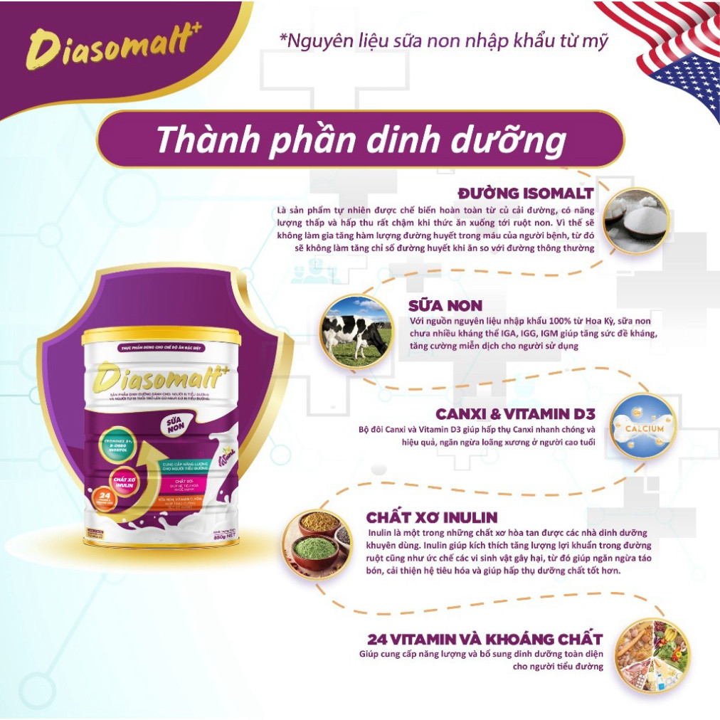 Sữa Tách Đường Diasomalt 850g Ổn Định Đường Huyết, Ngăn Ngừa Biến Chứng, Tăng Sức Đề Kháng, Bổ Sung Dinh Dưỡng Toàn Diện