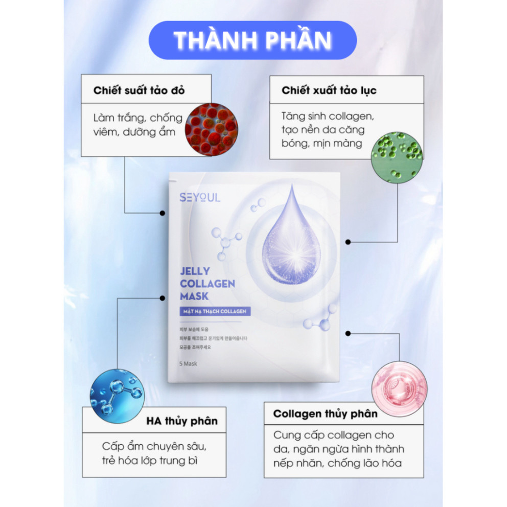 Mặt nạ thạch Collagen Seyoul Hàn Quốc, Jelly Collagen Mask Dưỡng Trắng Cấp ẩm Da Căng Bóng Mịn Màng 1 Hộp x 5 miếng