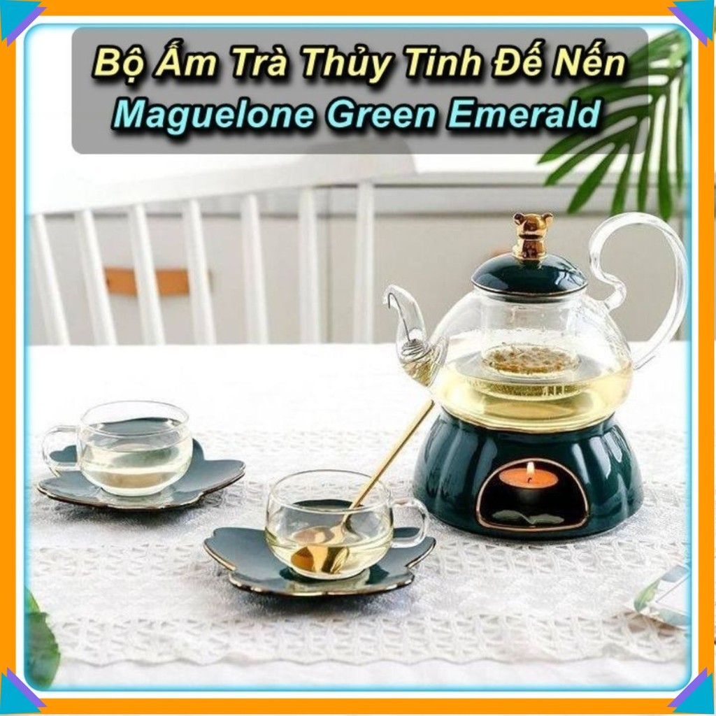 Bộ Ấm Trà Thủy Tinh Đế Nến Maguelone Green Emerald Cao Cấp ☘️Green Home☘️