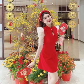 Đầm Váy Nữ Áo Cổ Tròn Đính Nút Phối Tay Voan