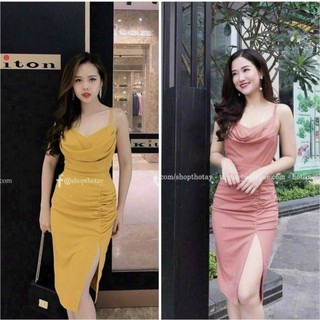 Đầm Váy 2 Dây Cổ Đổ màu Vàng Hồng Siêu Tôn Dáng ( Ảnh Thật)